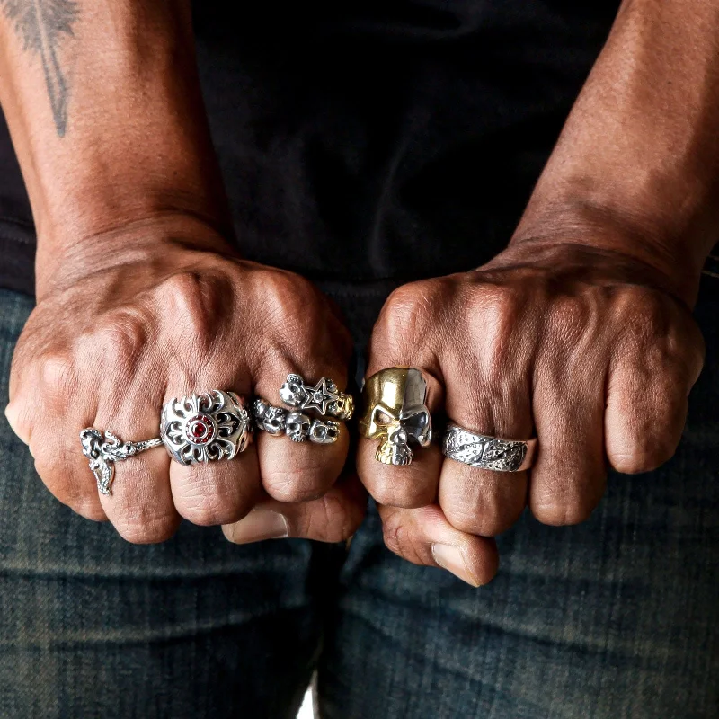 Rings with raw topaz for icy charm -Two Tone Rider Brass Skull Ring