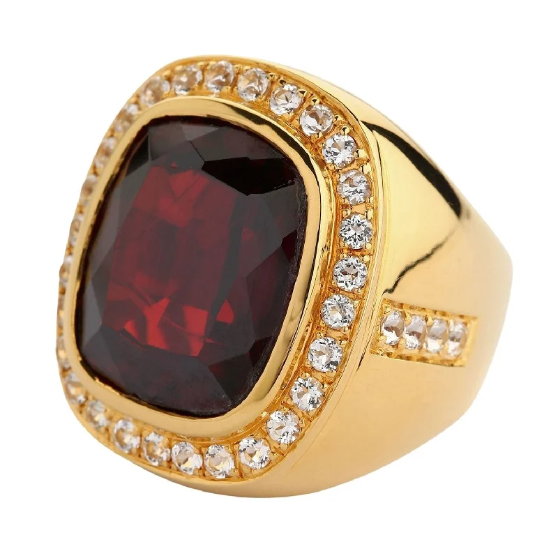 Rings with spiral designs for eye-catching twist -Huge Yellow Gold Mens Garnet Ring